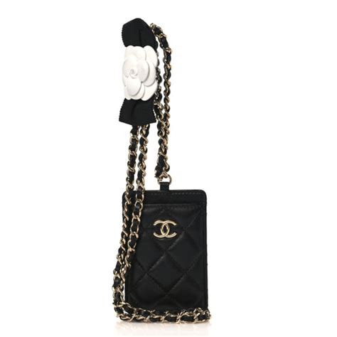 CHANEL Lambskin Quilted Camellia Card Holder On Chain